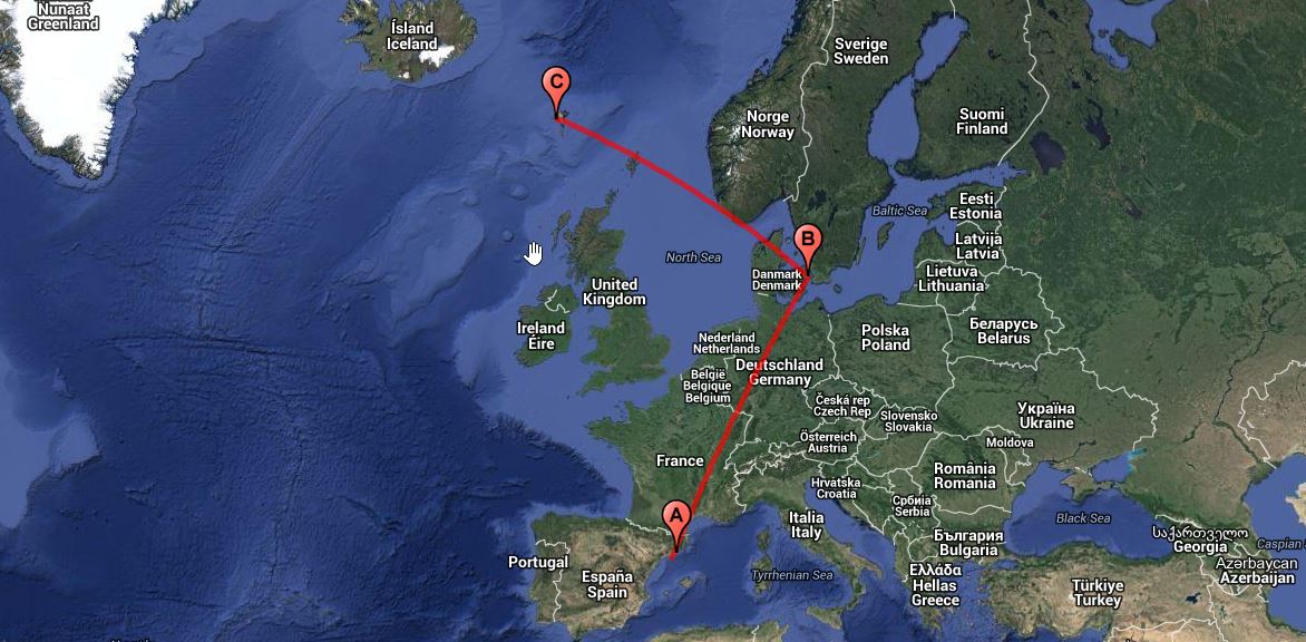 Google Maps de la ruta Barcelona, Copenhague, Islas Feroe